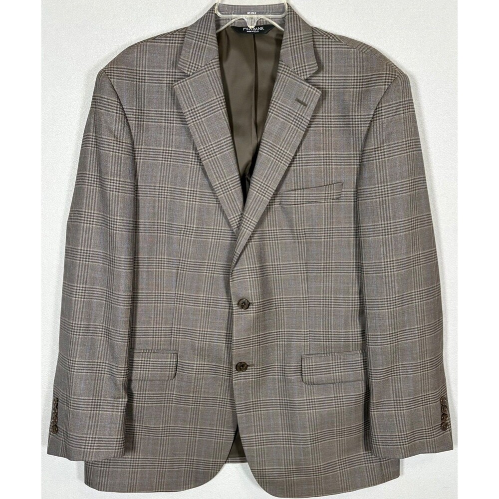 Jos A Bank Blazer Mens 44R Gray Windowpane Tailored Fit Wool Sportscoat